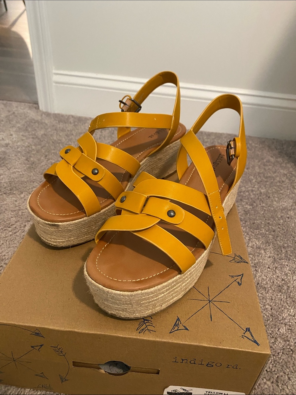 Indigo Yellow Leather-Look Platform Espadrille Sandals